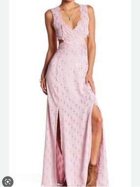 Free People Blush Pink Lace-Trim Maxi Dress with Gold Foil Motif